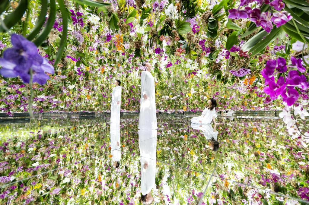 チームラボプラネッツ TOKYOの展示ブースの写真。一面鏡の床に３人の女性がいる。天井からは大量の花がぶら下がっている。