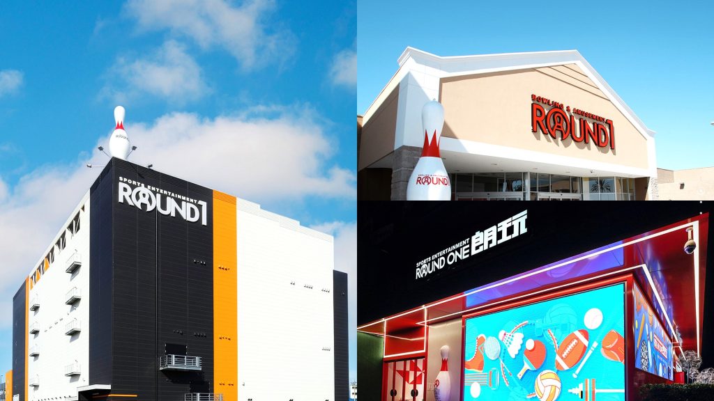 ラウンドワン３店舗の写真をコラージュした画像。左側にラウンドワンの大型店舗。室戸白とオレンジの壁面。屋上にボーリングのオブジェ。右上は小規模なラウンドワンの店舗。手前側に先程と同じオブジェがある。右下はラウンドワン郎玩の店舗。壁面はサイネージになっている。