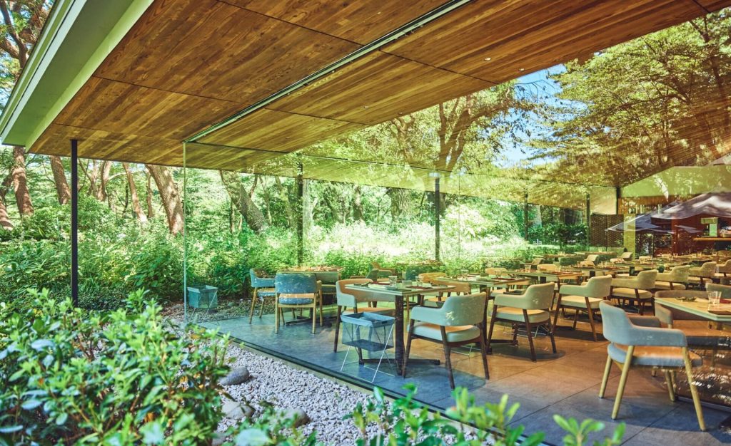 東京都庭園美術館カフェを外から撮影した写真。その建物の周りには木々が広がる。天井は木目。壁面はガラス張り。中には多くのテーブルと椅子がある。